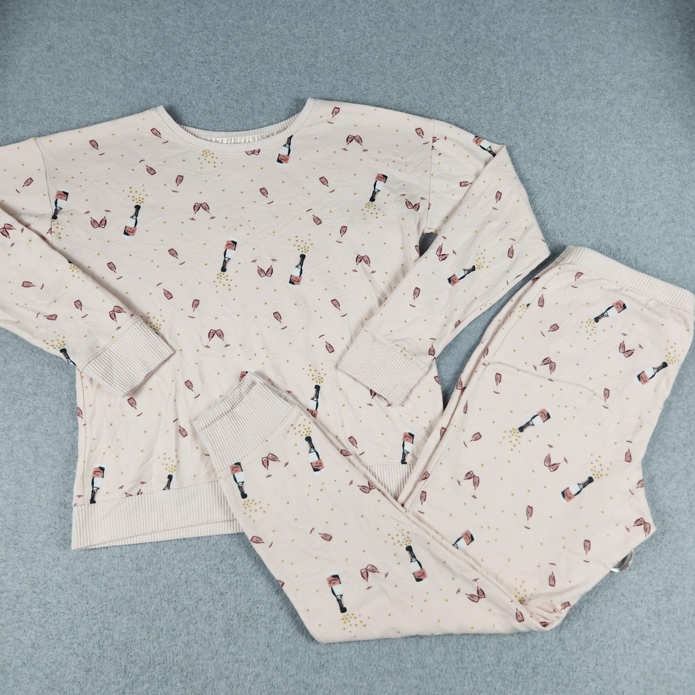 LC Lauren Conrad Pajama Set Womens Medium Pink Champagne Print Fleece Lined
